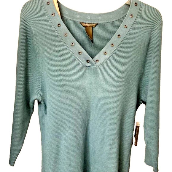 Hillard& Hanson Seafoam Green Ribbed V Neck 3/4 Sleeve Pullover Sweater, sz 1X - Picture 1 of 5